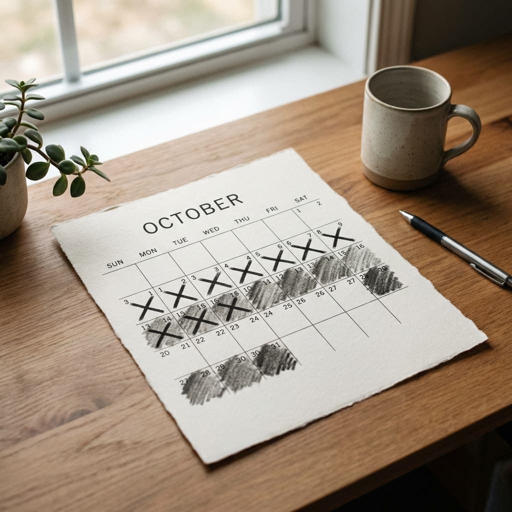 A minimalist habit tracker calendar showing progress streaks