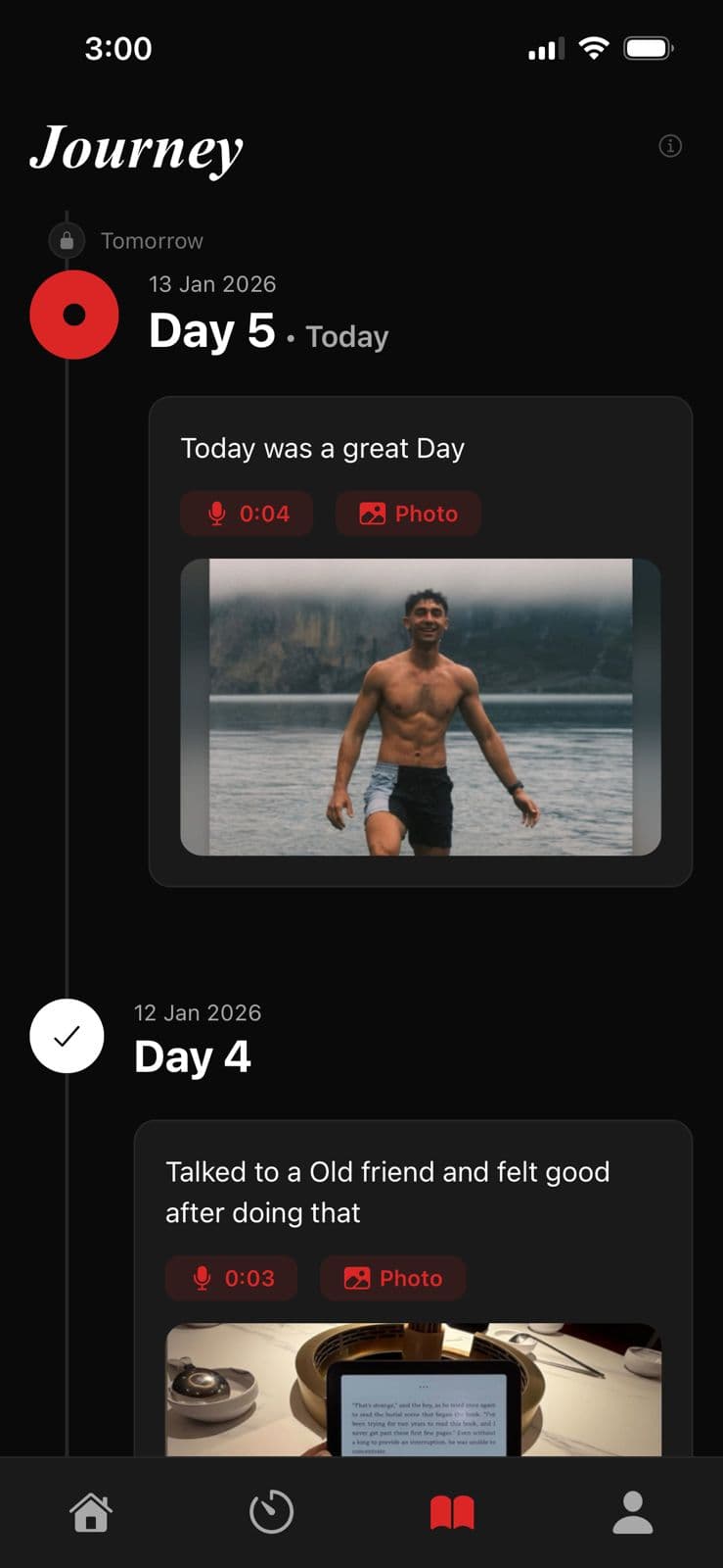 Real screenshot of the Resolve journey timeline showing daily journal entries from day one
